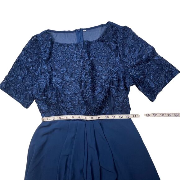 TS Conture Dress S Navy Blue Tea Length Embroidered Lace Bodice Chiffon Skirt - Picture 7 of 14